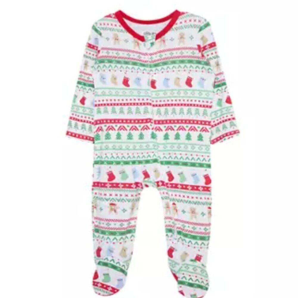 Little Me Holiday Red and White and Green Fair Isle Footie NWT size 6M EUC